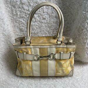 Coach Hampton Signature Canvas Satchel yellow & gold Beige leather trim & straps